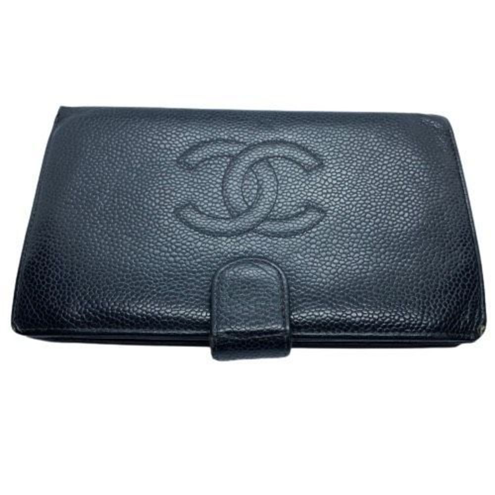 Authentic Chanel Vintage Black Caviar Pebbled Leather Long Wallet